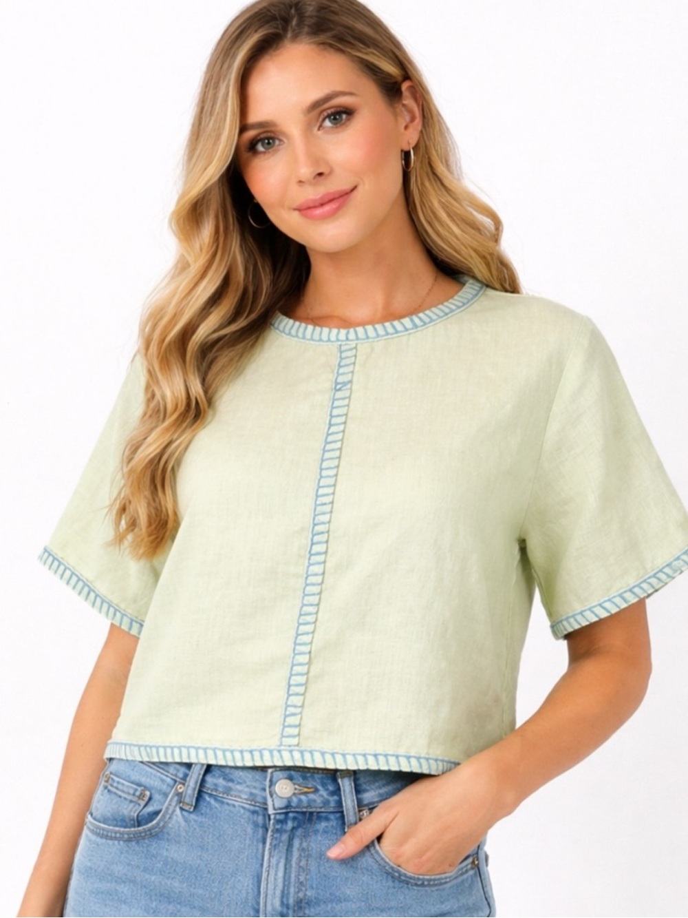 100% Linen Top with Stitching - Magaschoni